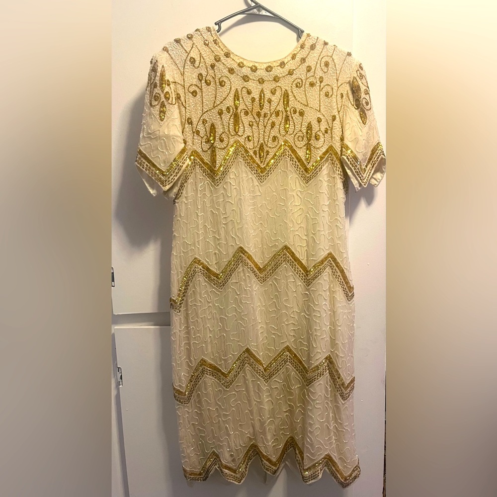 Laurence Kazar cream and gold beaded sequins vintage dress